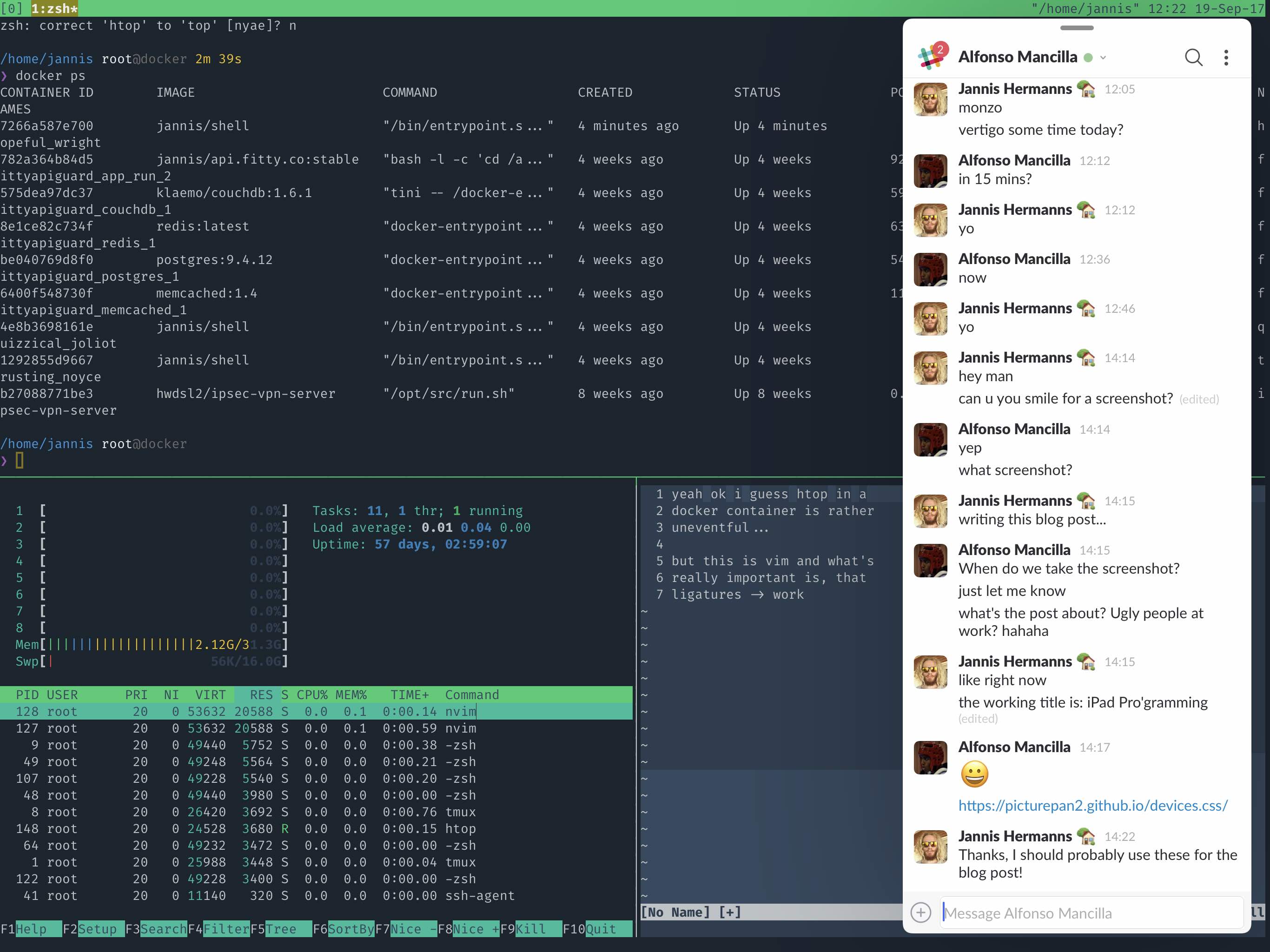iPad Pro screenshot: Docker, htop, vim in Mosh and Slack via iOS 11 multitasking